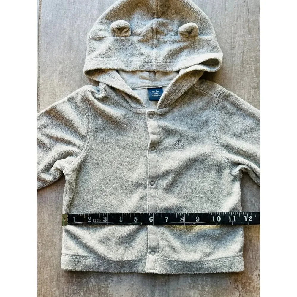 Baby Gap Gray Terry Cloth Bear Ears Snap Hoodie Sweatshirt Fleece Boy Girl 18-24